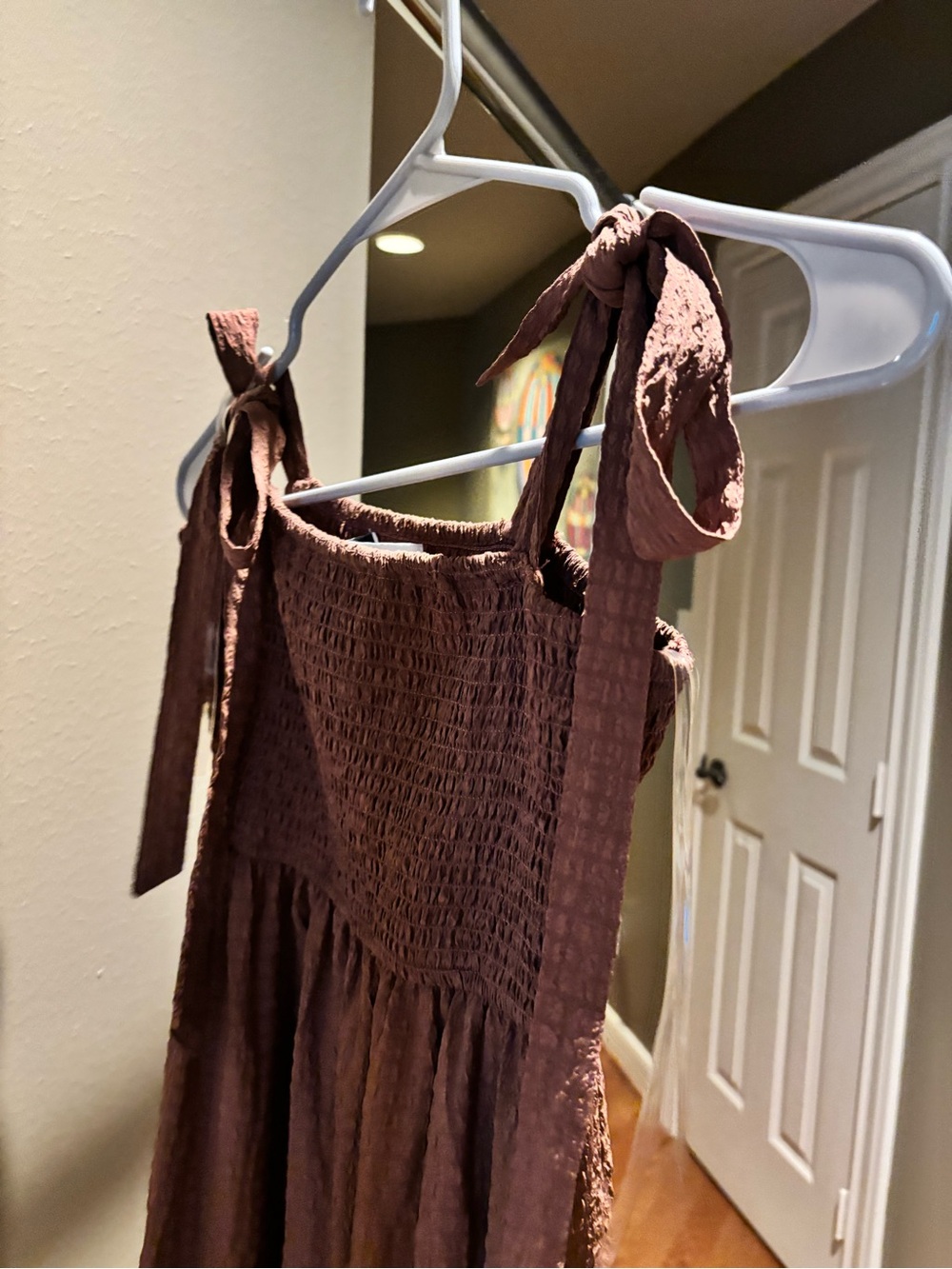 Smocked Tie-Shoulder Maxi Dress in Brown